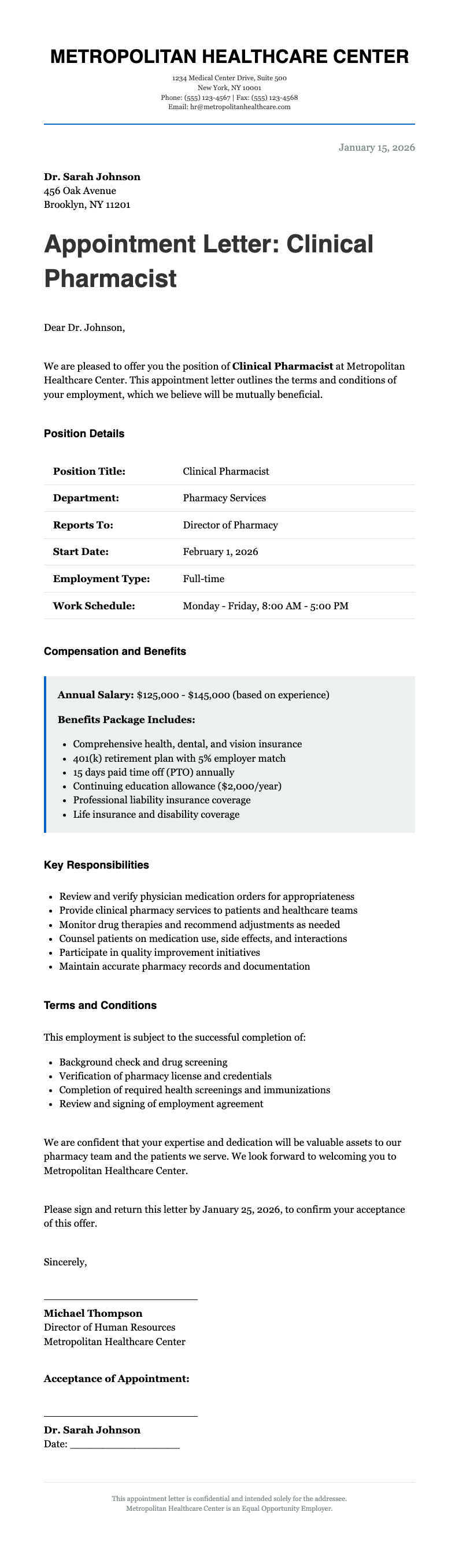 Typographic only pharmacist appointment letter
